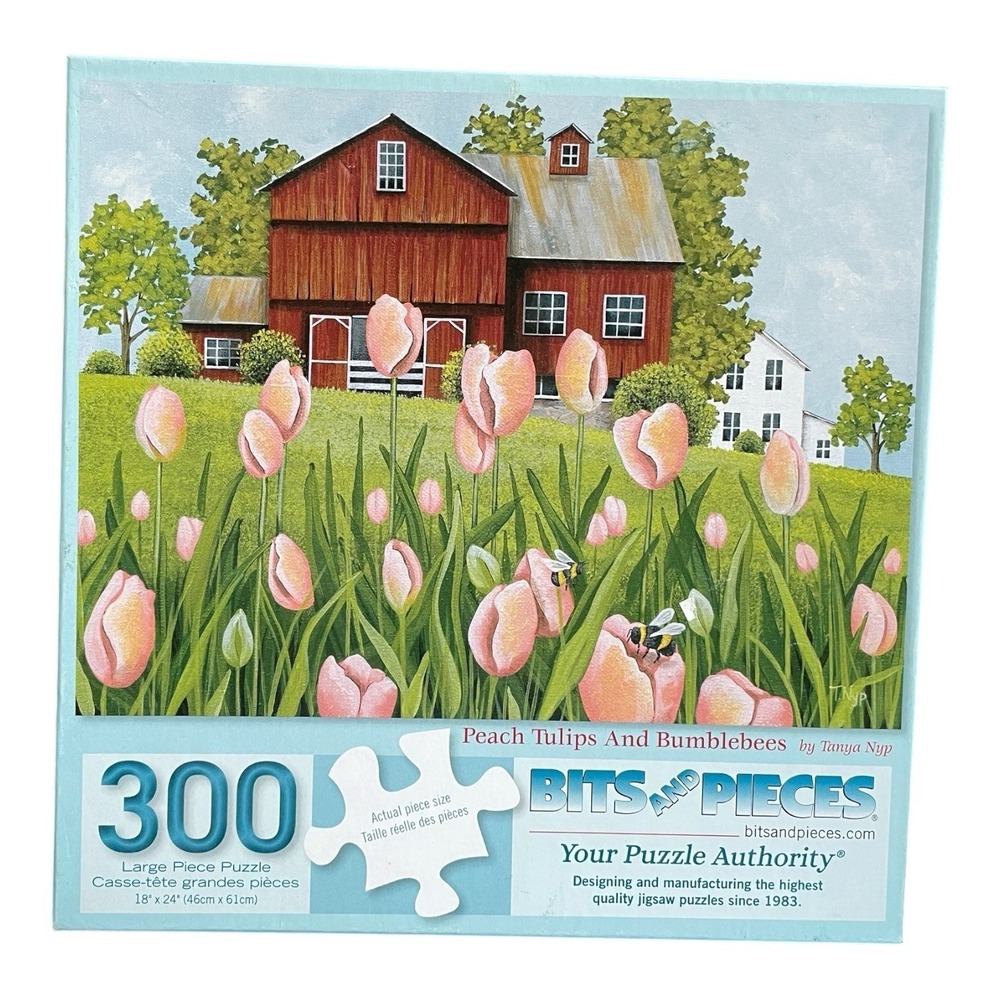 300 Pieces Puzzle Bits and Pieces Peach Tulips and Bumblebees Complete Pre-Owned